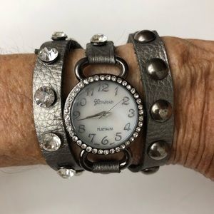 Geneva Gunmetal Rhinestones wraparound watch